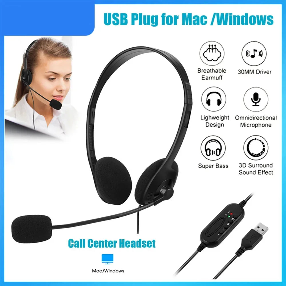 USB noise cancelling headset with microphone for computer calls Chat call centre headset Service headset