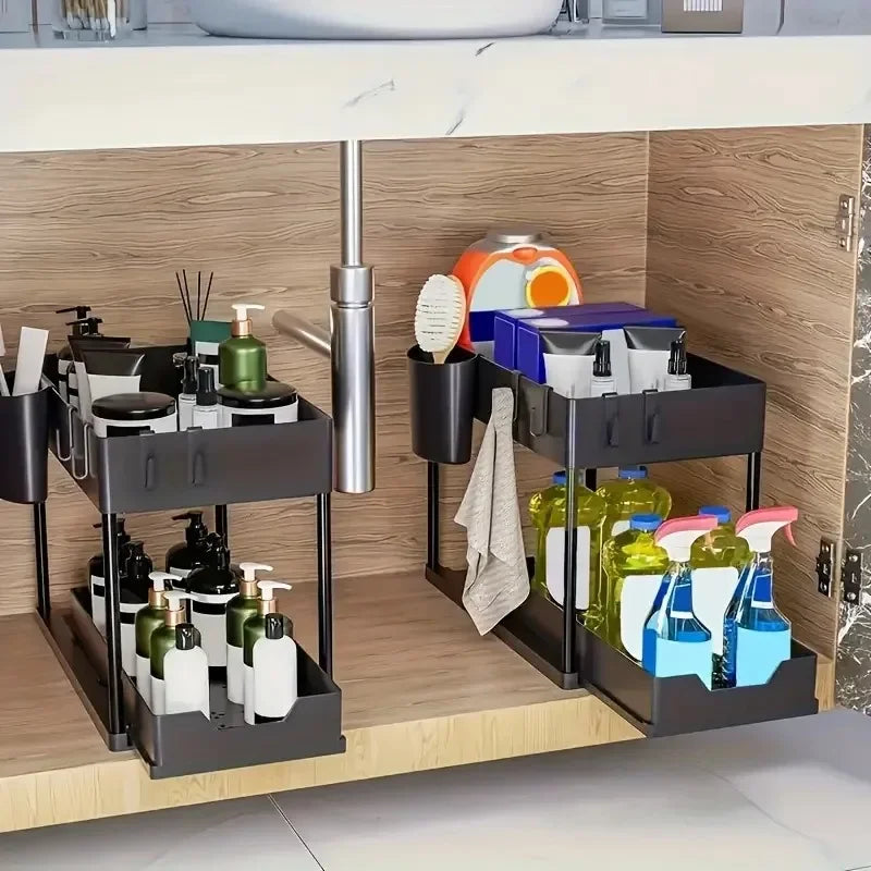 2Tier Multi-function Kitchen Sink Organizer,Sliding Cabinet Basket with Hooks Hanging Cup-New Bathroom Kitchen Space-Saving Rack