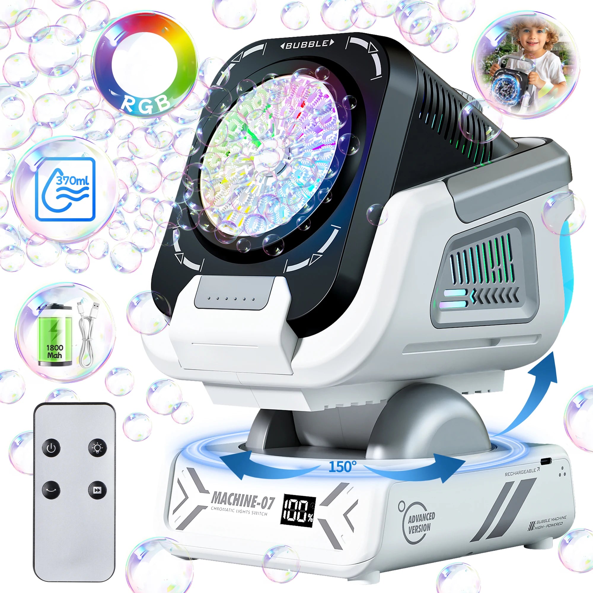 2025 Upgraded Version of the Bubble Machine with Remote Control, Automatic Rotation, and Rgb Lights, 1800Mah Rechargeable Battery, Type-C Charging, Suitable for Children, Weddings, Birthday Parties, and Outdoor Activities, Bu