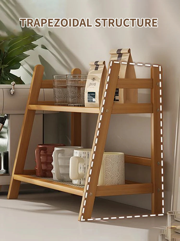 2 Layer Spice Caddy Shelf Bamboo Kitchen Storage Rack Desktop Cabinet Organizer Display Rack Coffee Bar Counter Shelf Cup Holder