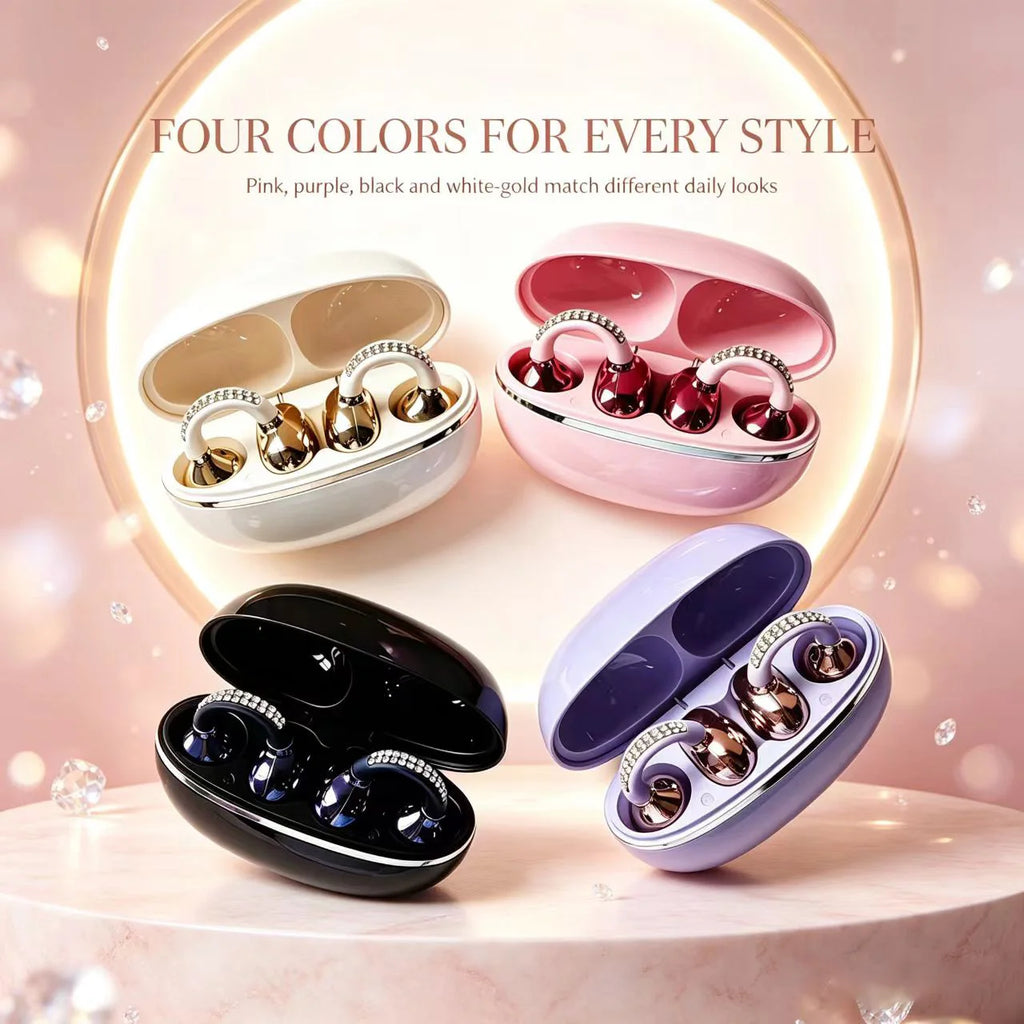 Rhinestone Open Ear Clip Wireless Earbuds Bluetooth 5.4 OWS Headphones HiFi Stereo Sports Earphones With HD Mic