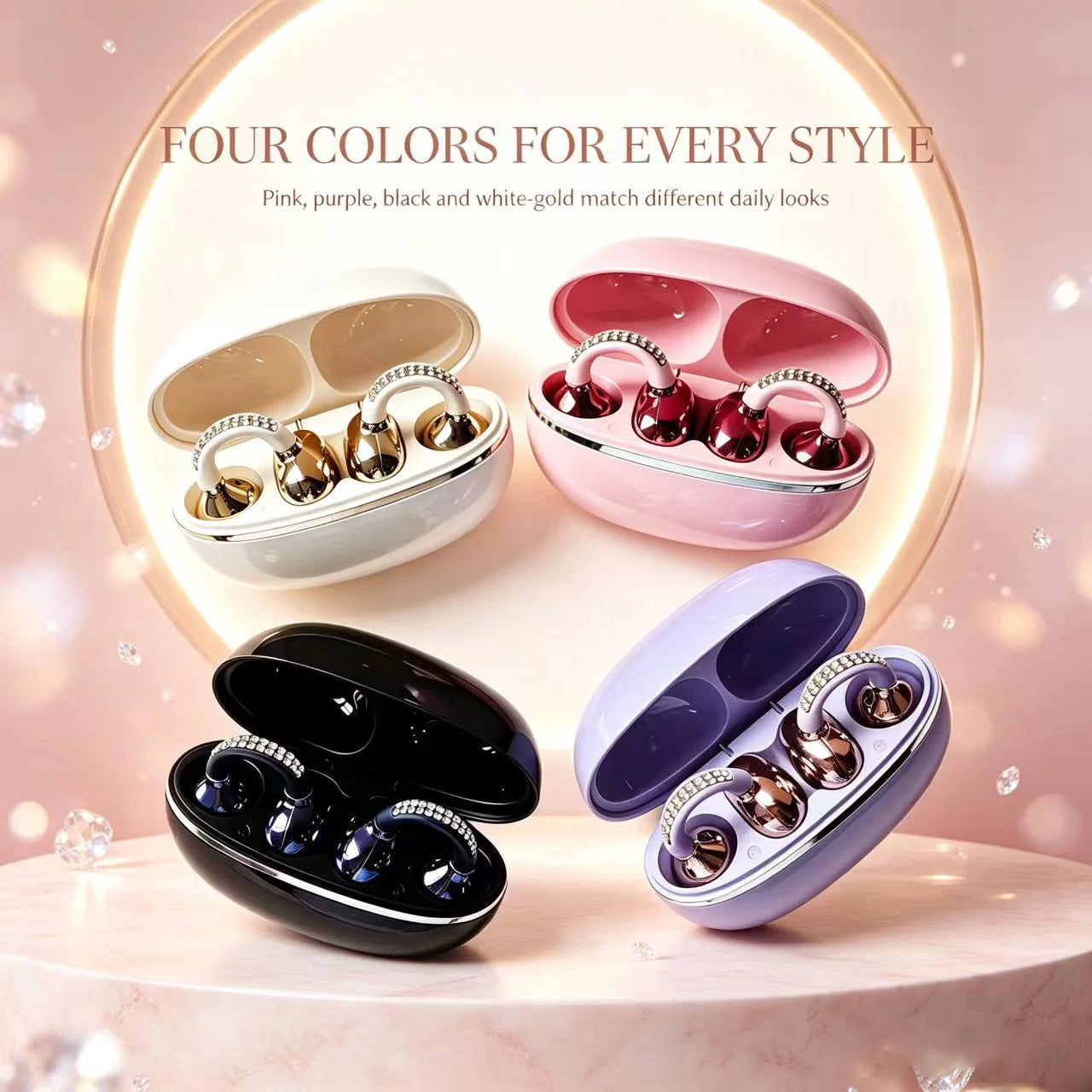 Rhinestone Open Ear Clip Wireless Earbuds Bluetooth 5.4 OWS Headphones HiFi Stereo Sports Earphones With HD Mic