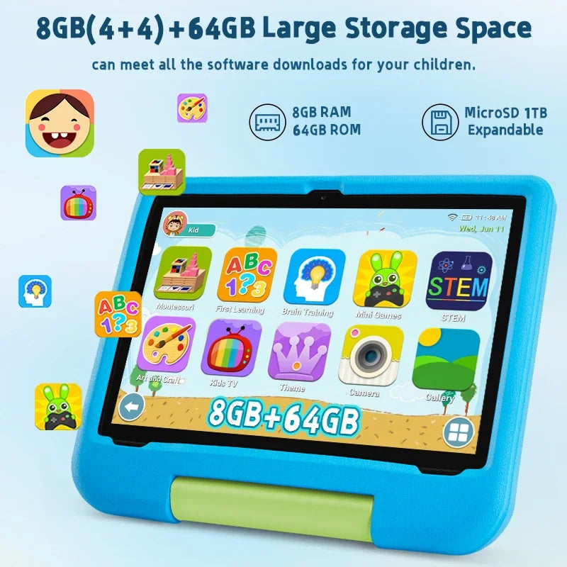 Kids Tablet, 10.1-inch Children 2025 Android 15 Tablets with Eye Protection Screen, 8GB(4+4GB) RAM 64GB Storage, 5000mAh Battery