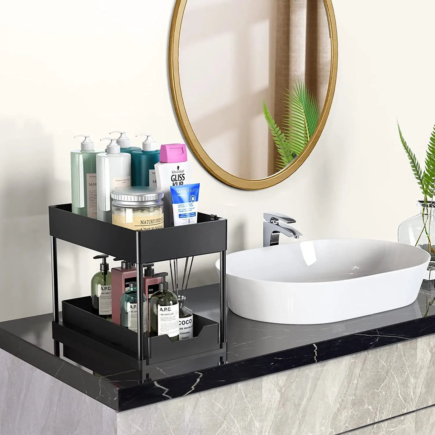 2Tier Multi-function Kitchen Sink Organizer,Sliding Cabinet Basket with Hooks Hanging Cup-New Bathroom Kitchen Space-Saving Rack