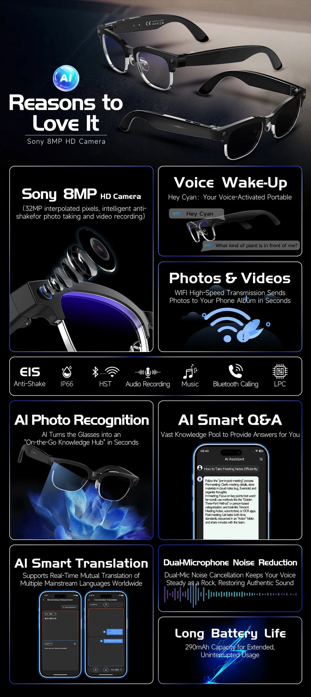 2026New AI Smart Glasses 8 Million HD Pixels Camera Photo Video Recording WIFI Transmission Sunglasses Call Music Play Men Women