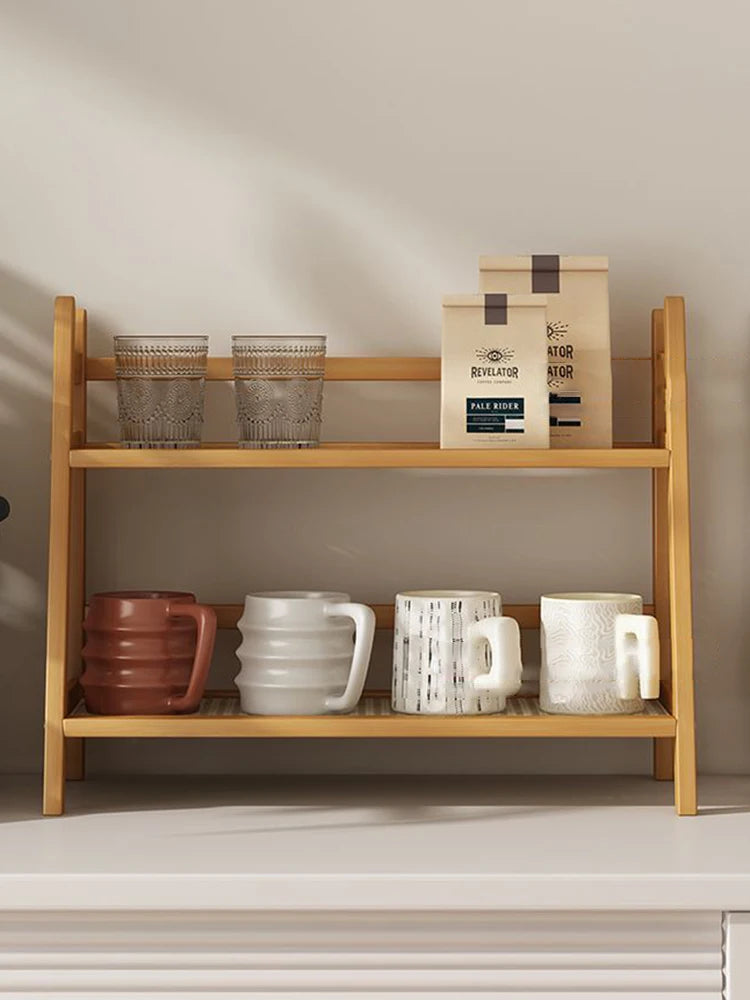 2 Layer Spice Caddy Shelf Bamboo Kitchen Storage Rack Desktop Cabinet Organizer Display Rack Coffee Bar Counter Shelf Cup Holder