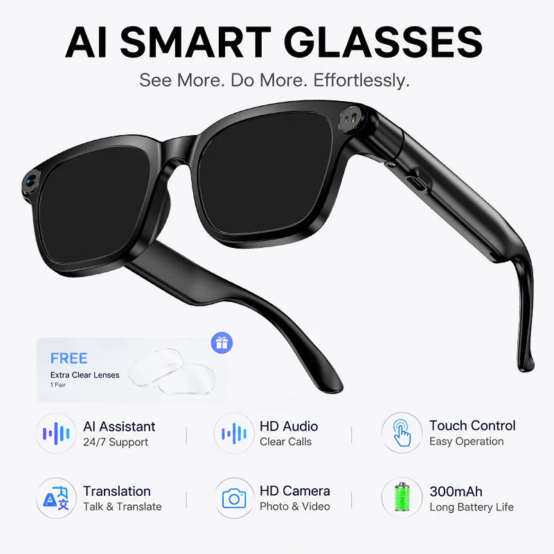 2026 Smart Glasses 800W HD Camera Video Recording Photo HD Audio AI Translation 300mAh Touch Control AI Assistant Smart Glasses
