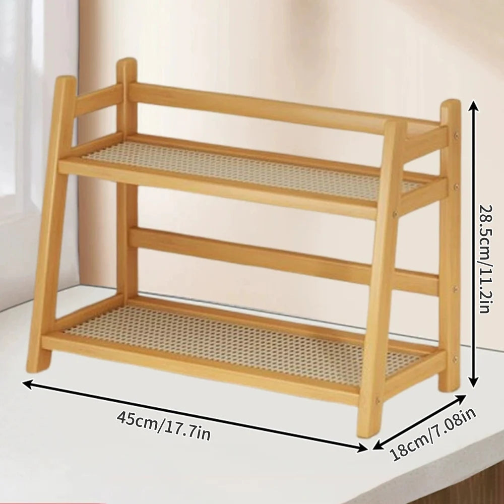 2 Layer Spice Caddy Shelf Bamboo Kitchen Storage Rack Desktop Cabinet Organizer Display Rack Coffee Bar Counter Shelf Cup Holder
