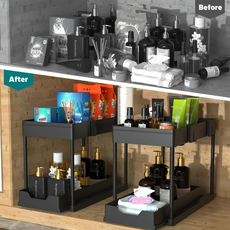 2Tier Multi-function Kitchen Sink Organizer,Sliding Cabinet Basket with Hooks Hanging Cup-New Bathroom Kitchen Space-Saving Rack