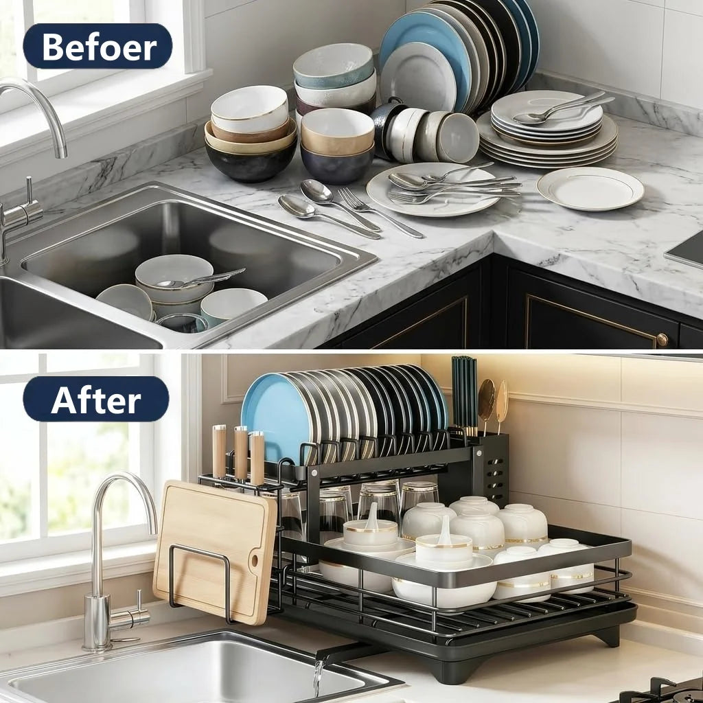 2-Tier Adjustable Kitchen Dish Drying Rack  360° Rotatable Drainage Tray Multi-Directional Spout Rust-Resistant Organizer