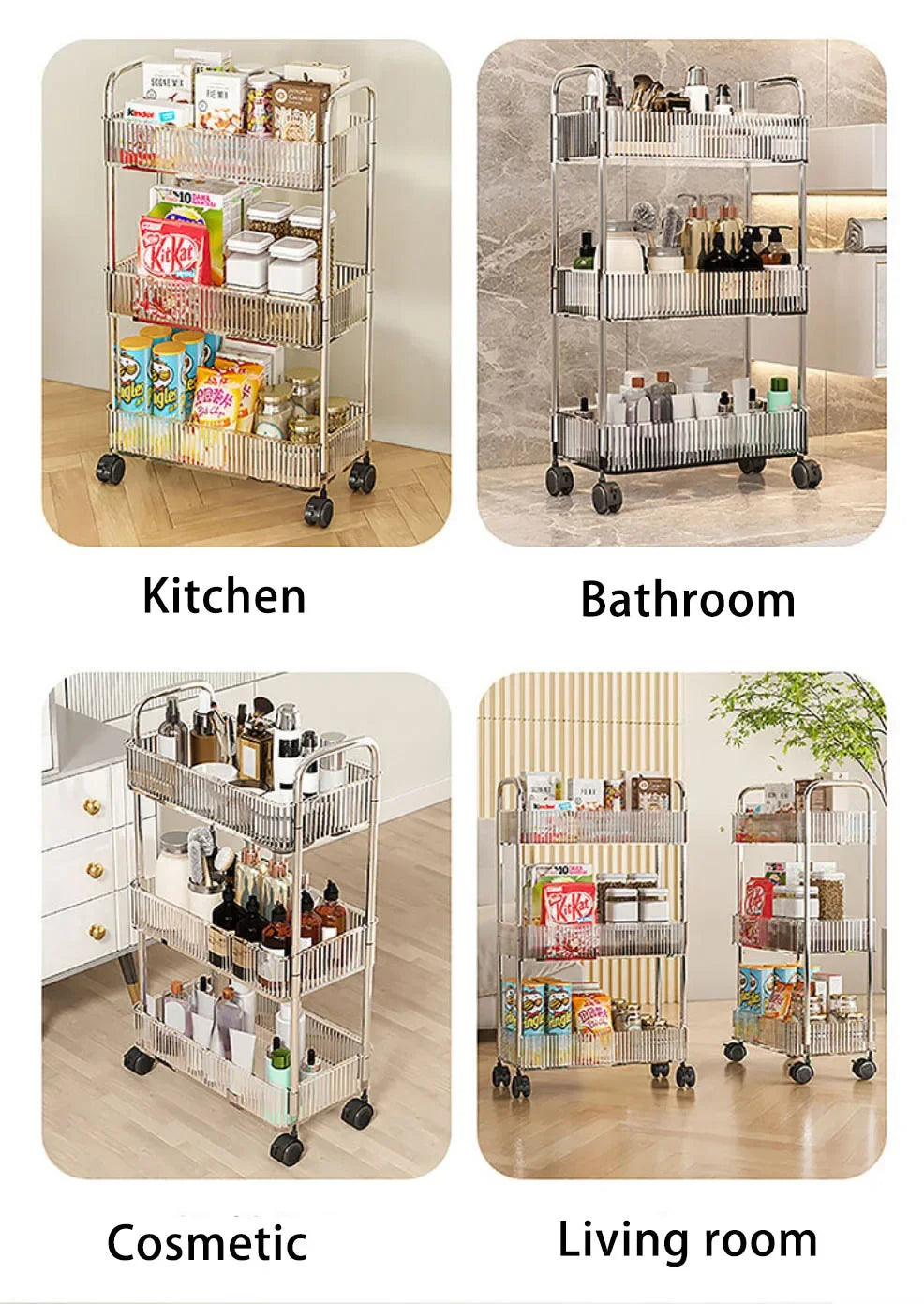 Mobile Shelf with Wheel Multi-Layers Storage Rack Home Trolley for Snacks Cosmetic Sundries Organizer 2/3/4 Tiers Rolling Cart