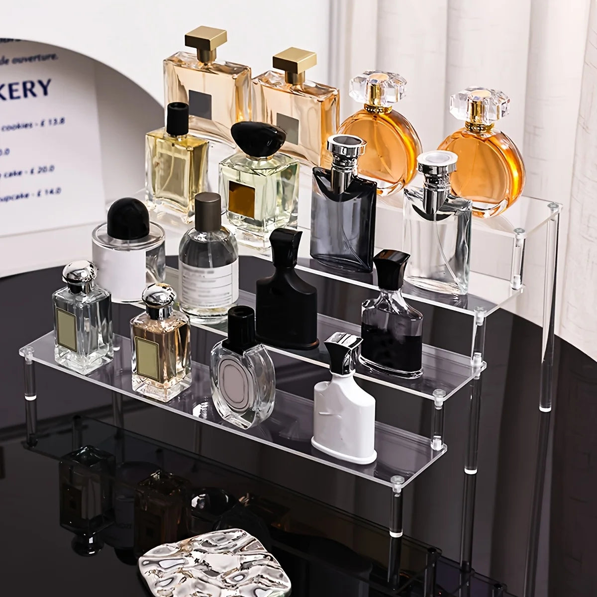 1pc Multi-Functional Perfume Step Display Rack - Black/Transparent Acrylic Desktop Organizer for Cosmetics & Bracelets, Ideal fo
