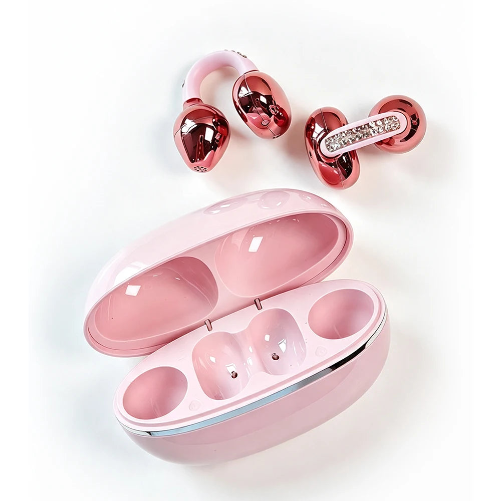 Rhinestone Open Ear Clip Wireless Earbuds Bluetooth 5.4 OWS Headphones HiFi Stereo Sports Earphones With HD Mic