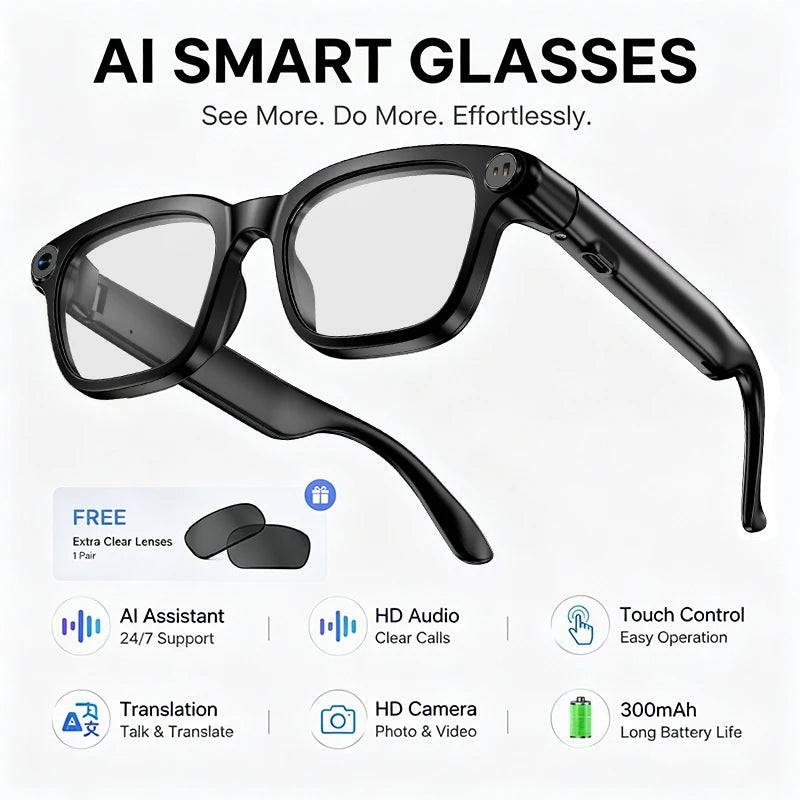 2026 Smart Glasses 800W HD Camera Video Recording Photo HD Audio AI Translation 300mAh Touch Control AI Assistant Smart Glasses