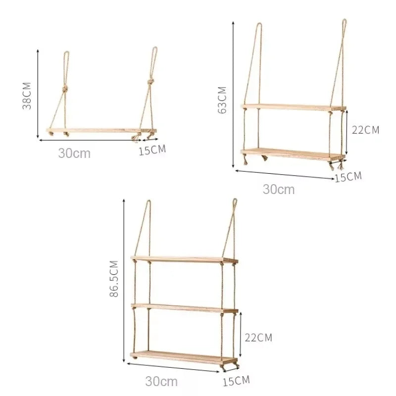 1PC 1/2/3-tier Wooden Floating Shelves for Wall Plant Flower  Hanging Rope Storager Wall Shelf Kitchen Storage