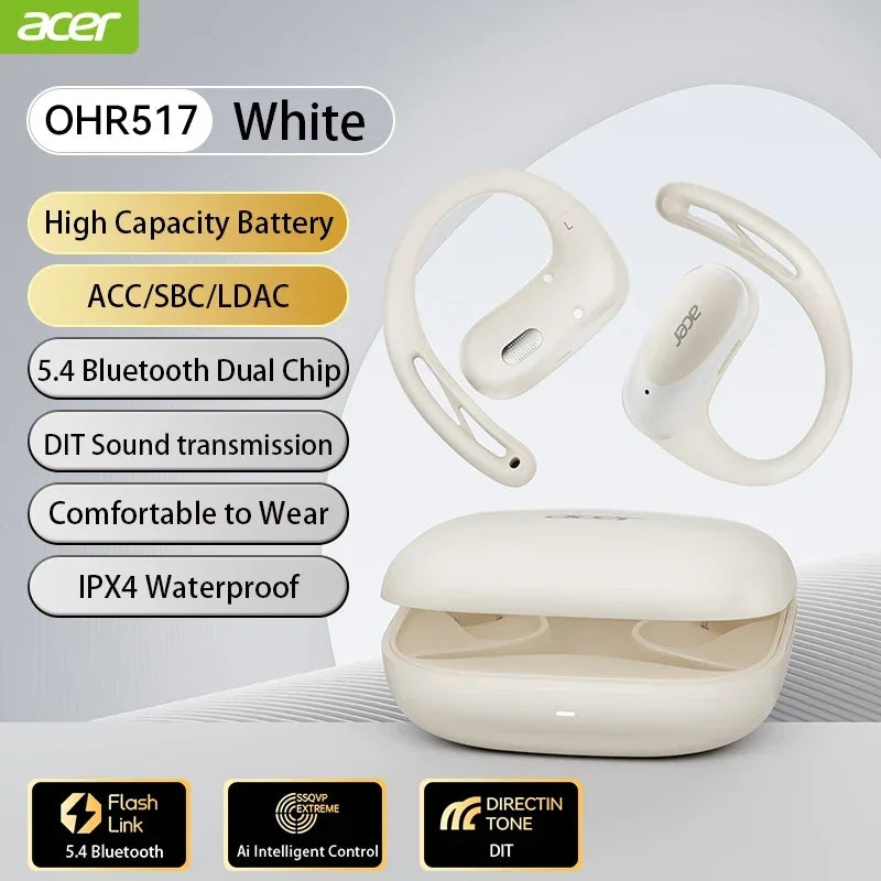 Acer OHR517 OWS Open-Ear Earphones Ear Hooks Wireless Bluetooth 5.4 Headphones Hi-Res Earphones Bass Boost Sport Earbuds 48Hrs