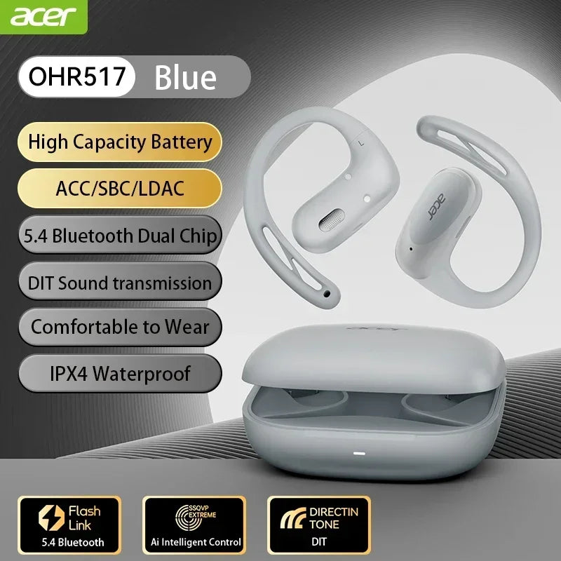 Acer OHR517 OWS Open-Ear Earphones Ear Hooks Wireless Bluetooth 5.4 Headphones Hi-Res Earphones Bass Boost Sport Earbuds 48Hrs