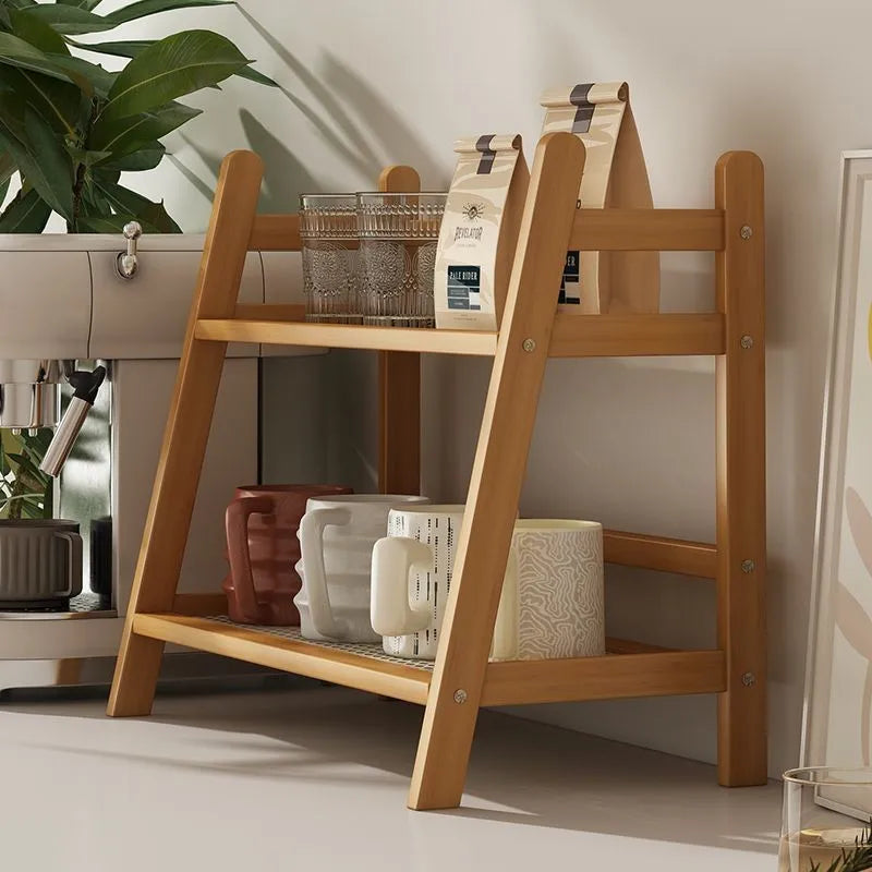 2 Layer Spice Caddy Shelf Bamboo Kitchen Storage Rack Desktop Cabinet Organizer Display Rack Coffee Bar Counter Shelf Cup Holder