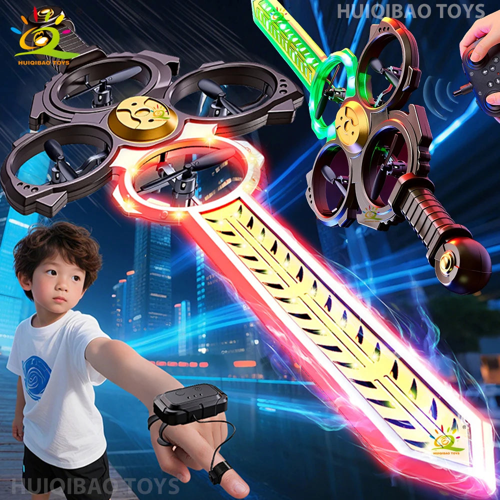 Remote-Controlled Flying Sword Drone with Cool Lights Controlled by Remote or Watch Fingertip-Operated Toy Perfect Gift for Guys