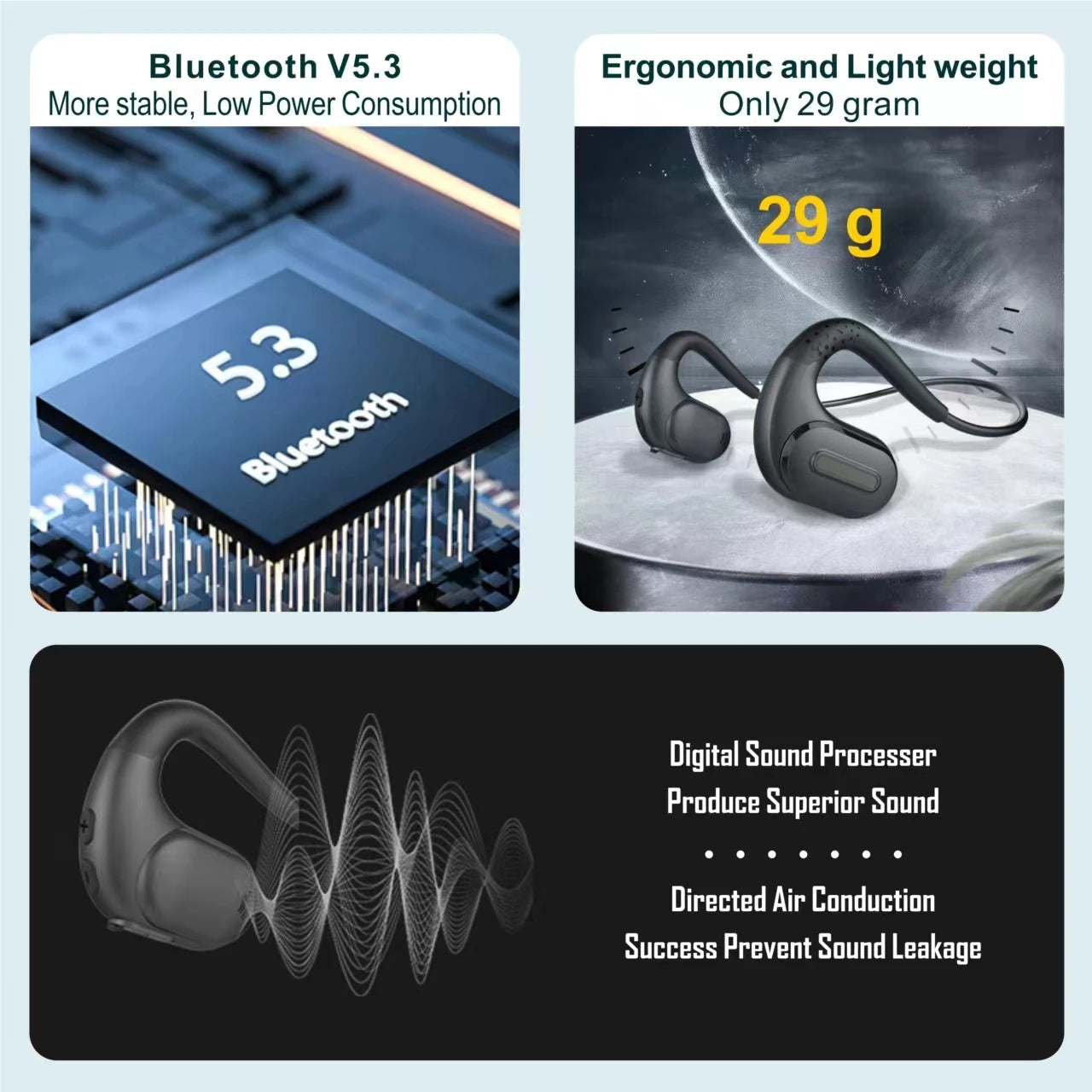 Open Ear Air Conduction Headphones  Super Bass Not in Ear Music Headset 16g Ultra Light with Microphone for IOS Andriod Phone
